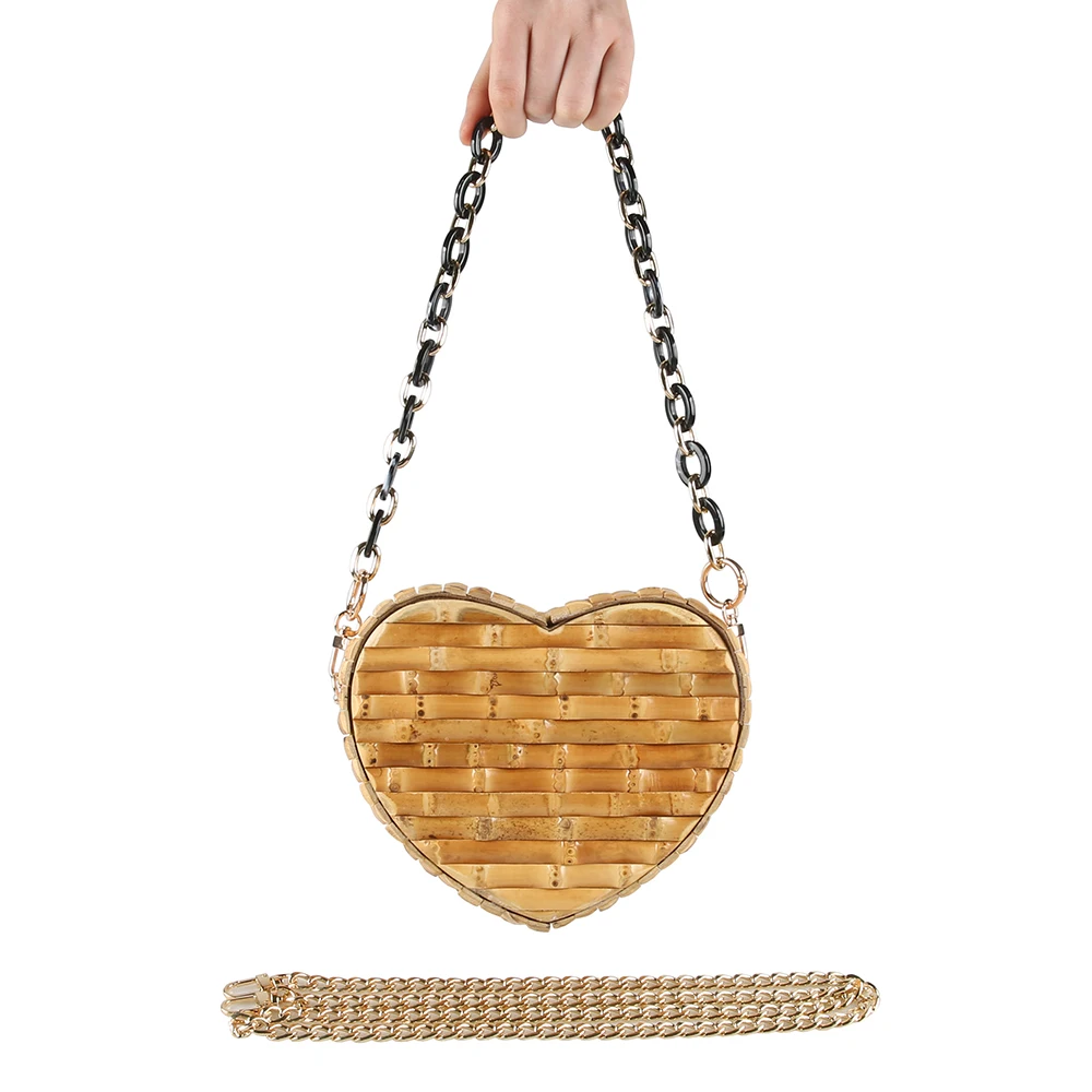 Nilerun Brand Fashion Chain Unique Handmade Cute Love Heart Shape Real Natural Bamboo Root Purse Handbag Crossbody Shoulder Bag