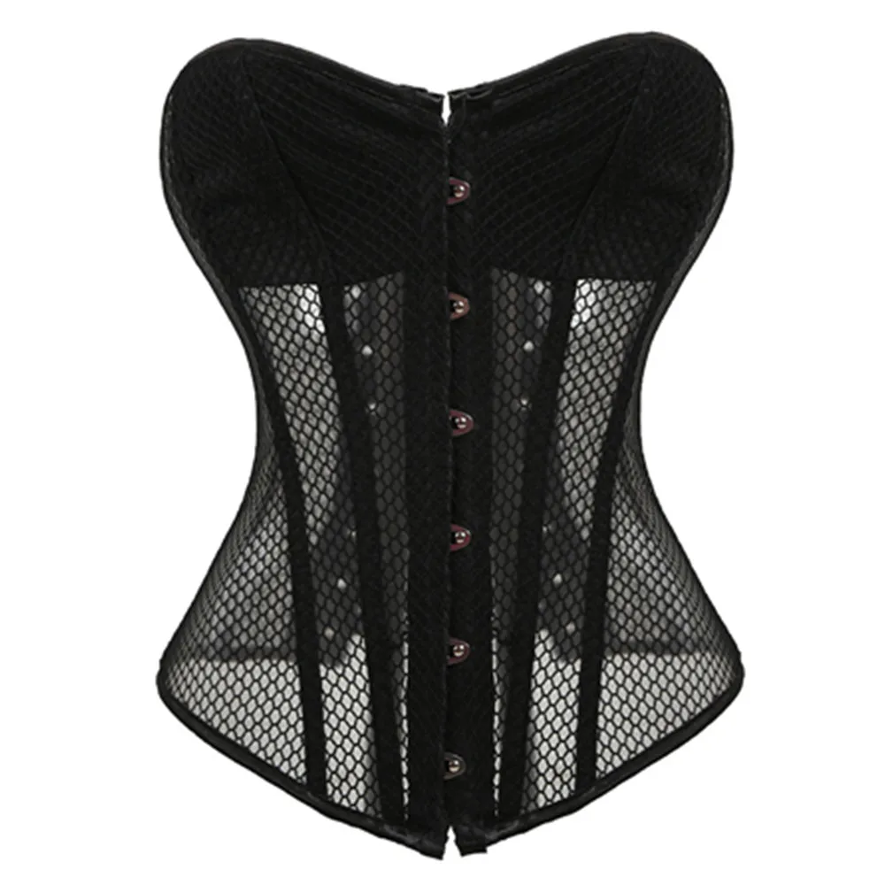 Vintage Black Women\'s Breathable Shapwear Costumes Sexy Transparent Mesh Corselet Hollow Out Corset Bustier Top Plus Size