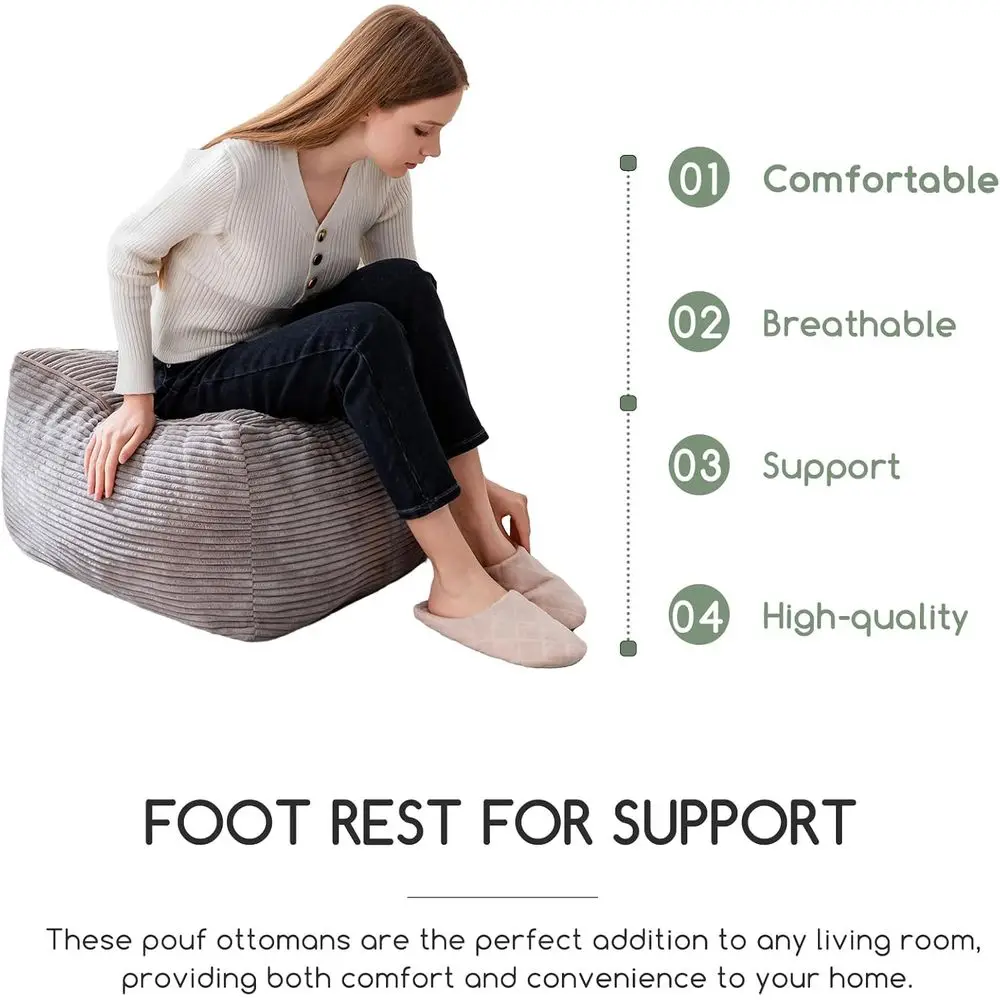 Pouf ottoman rempli de mousse en velours côtelé gris, repose-pieds de rangement carré 25.6 pour le salon