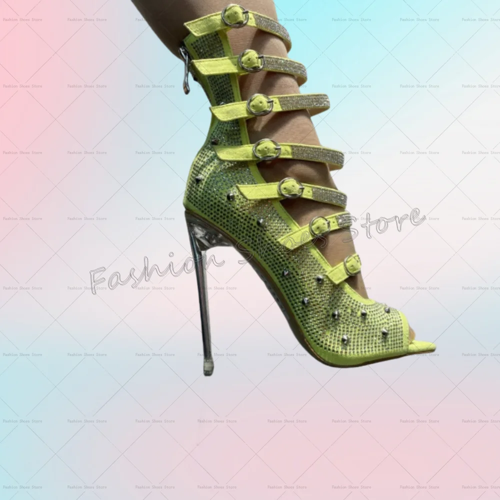 

Green Crystal Buckle Decor Open Toe Sandals Back Zipper Thin High Heels High Heel Shoes for Women Heels 2025 New Zapatos Para Mu