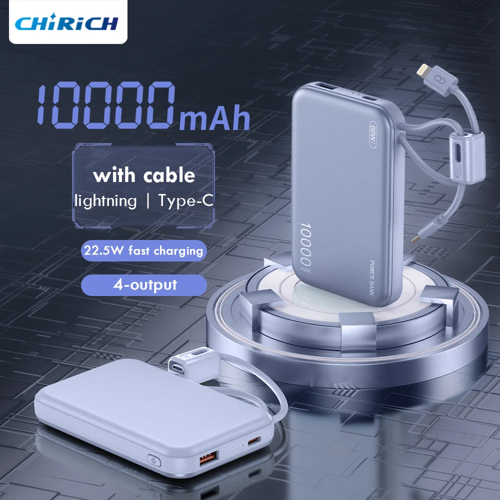 

10000mAh Portable Power Bank Build-in Cable Type-C Fast Charger Large Capacity 20000mAh External Spare Battery For iPhone Xiaomi