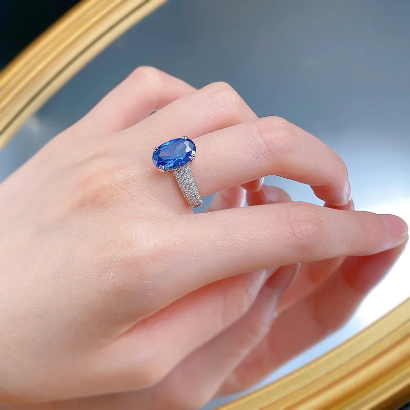 New Emulated Royal Blue Sapphire 8x12mm Oval Ring for Women S925 Silver Simple Ring Engagement Ring