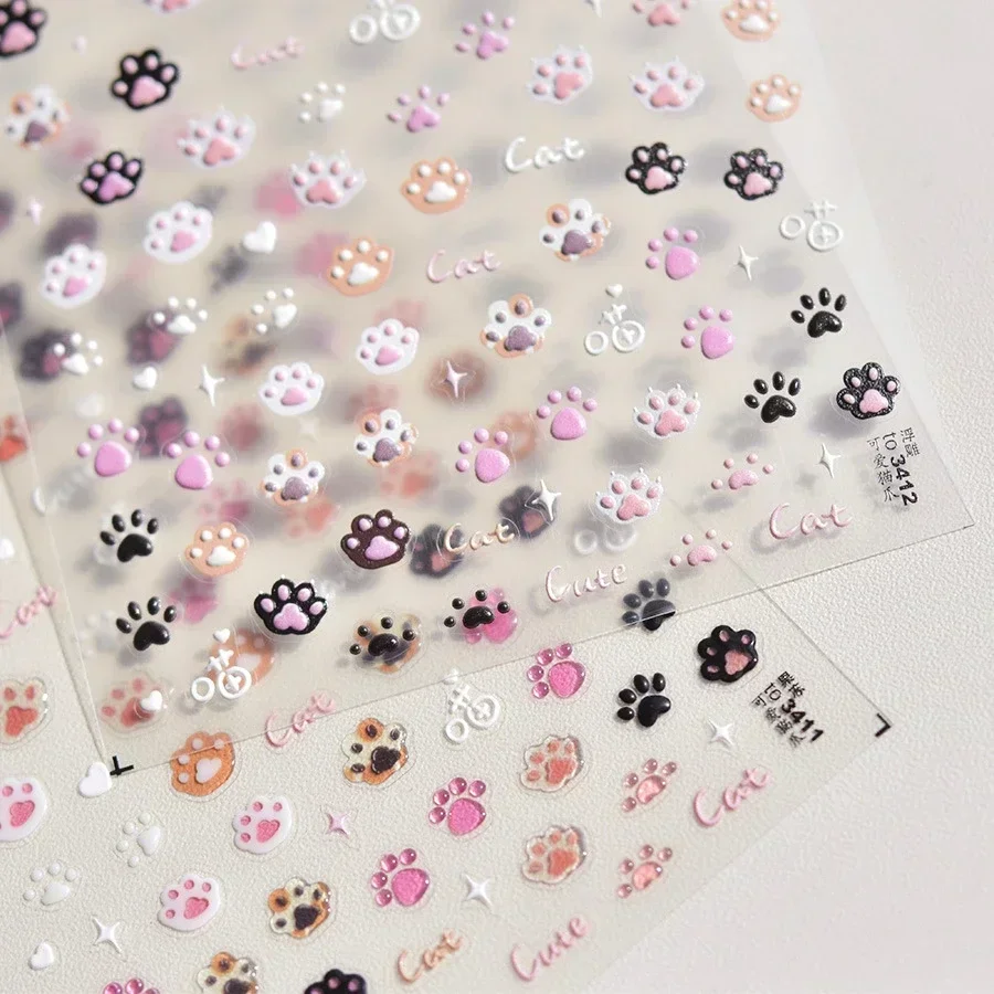 Sweet Pink Cute Cat Paw Print Star Love Heart Jelly Cartoon Kitty Embossed Relief Self Adhesive Nail Art Sticker Manicure Decals