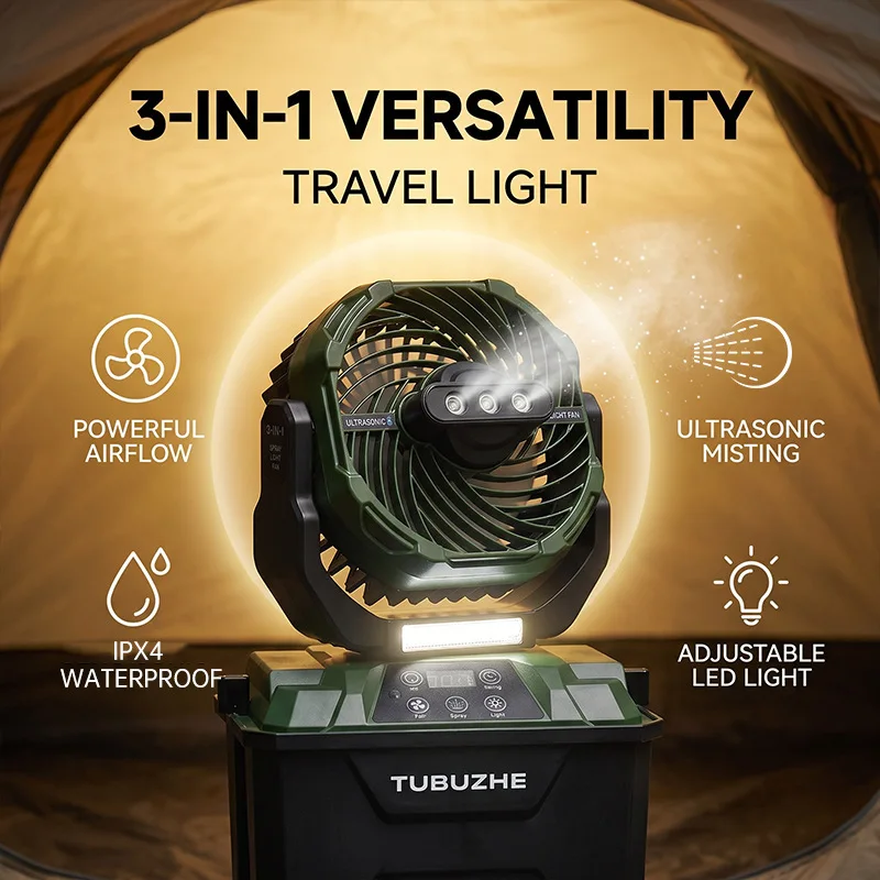 Portable Rechargeable Camping Fan with Remote Control Adjustable Speed LED Light High Power Outdoor