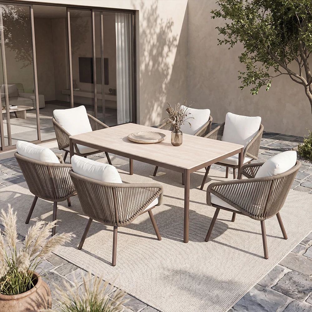 Outdoor Luxury Hotel Resort Villa Modern Comfort Aluminum Frame Rope Knitted Dining Chair Dining Table Set