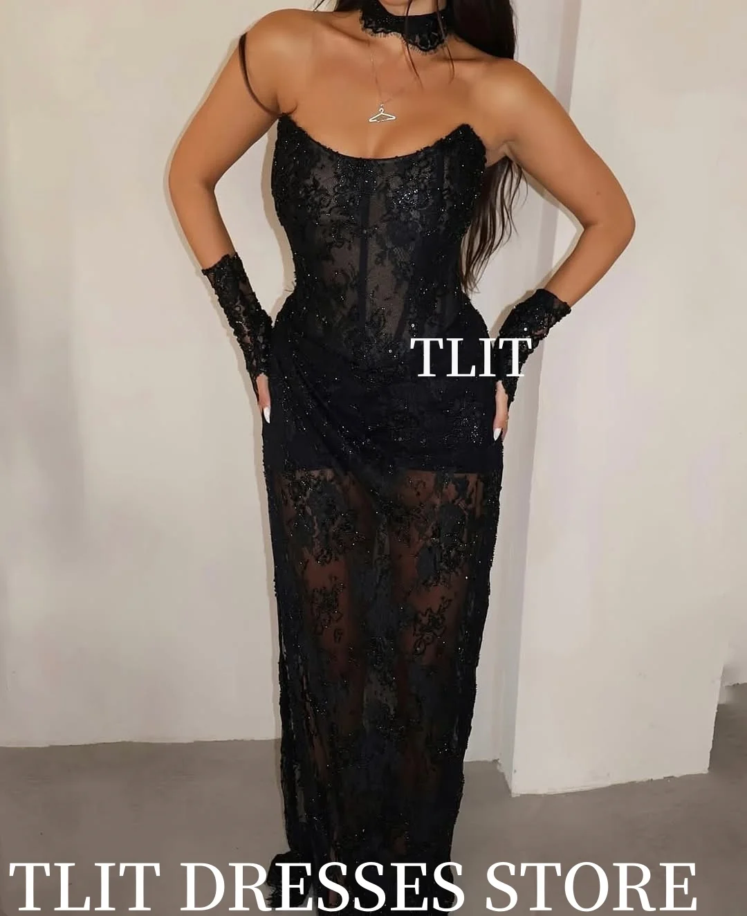 TLIT 반짝이는 블랙 레이스 머메이드 이브닝 드레스 스위트하트 슬리브리스 하이 사이드 슬릿 프롬 가운 맞춤 제작