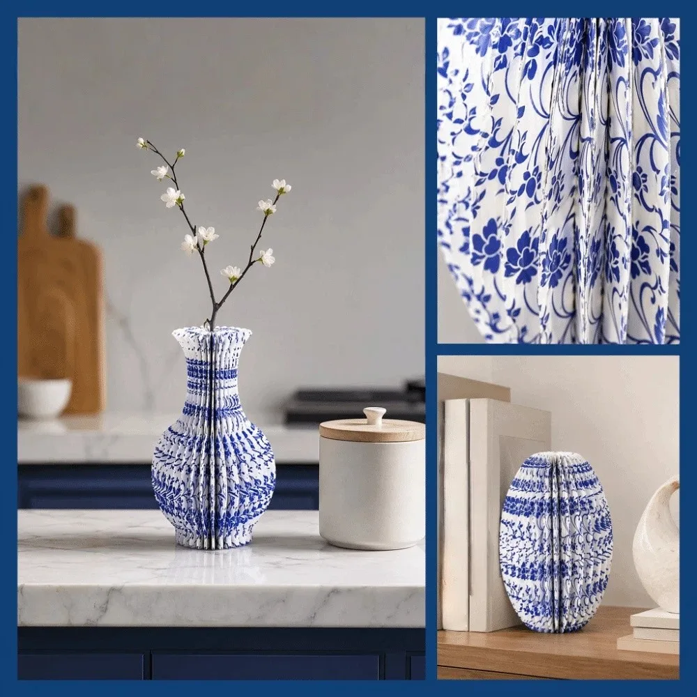 Floral Arrangement Honeycomb Paper Vase Handmade Decorative Blue-and-white Porcelain Paper Vase Eco-Friendly DIY Tabletop Decor