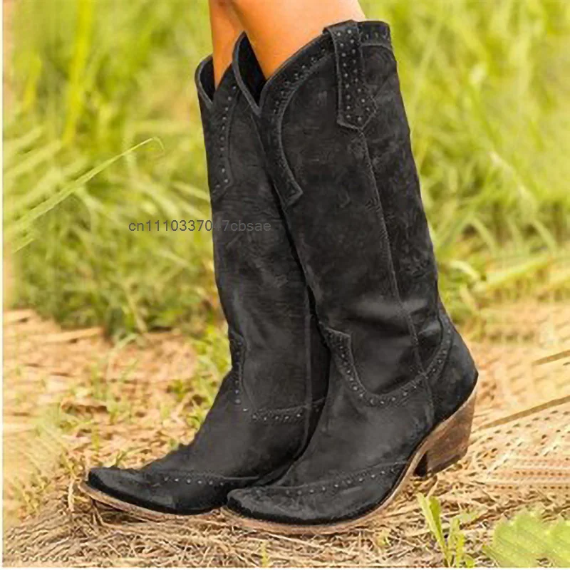 Vintage Distressed Womens Cowboy High Boots Casual Outdoor Ladies Footwear Shoes Western Country Riding Toe Mid Block Heel Boot