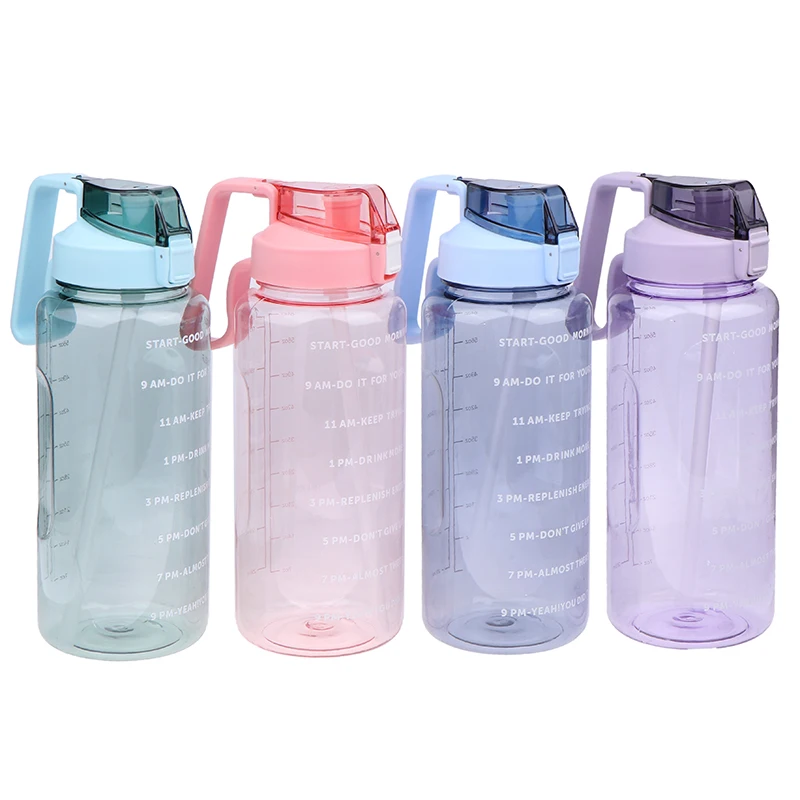 2L Portable Water Bottle Large Capacity Plastic Straw Water Cup Drink Bottle With Time Marker For Outdoor Sports Fitness 2000ml