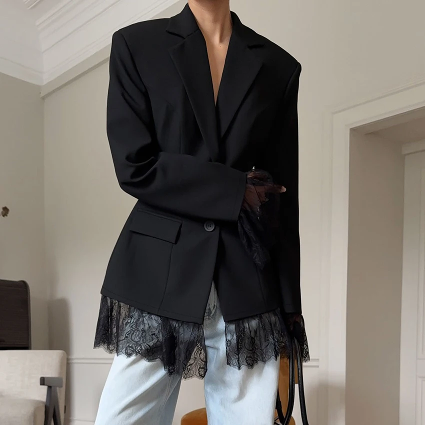 معاطف Linad كلاسيكية من الدانتيل باللون الأسود النحيف للنساء سترات أنيقة بياقة مدببة ملابس خارجية أنيقة للشارع بأكمام طويلة للسيدات لخريف 2025
