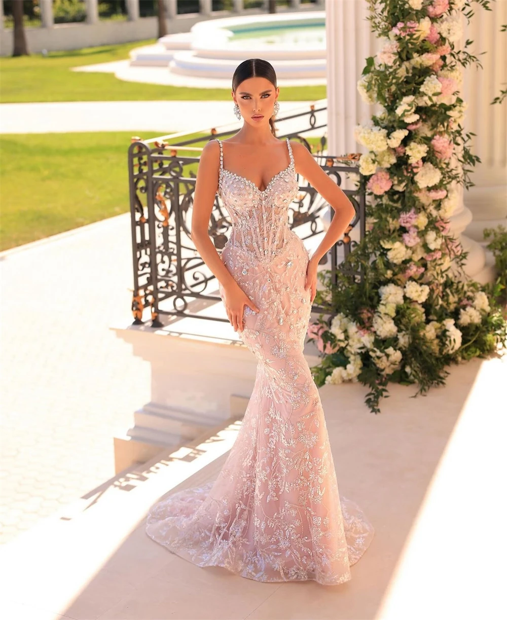 Customized Luxury Mermaid Evening Dress Sparkly V-Neck Crystal Prom Dresses Classic Sweep Train Sleeveles Special Occasion Gowns