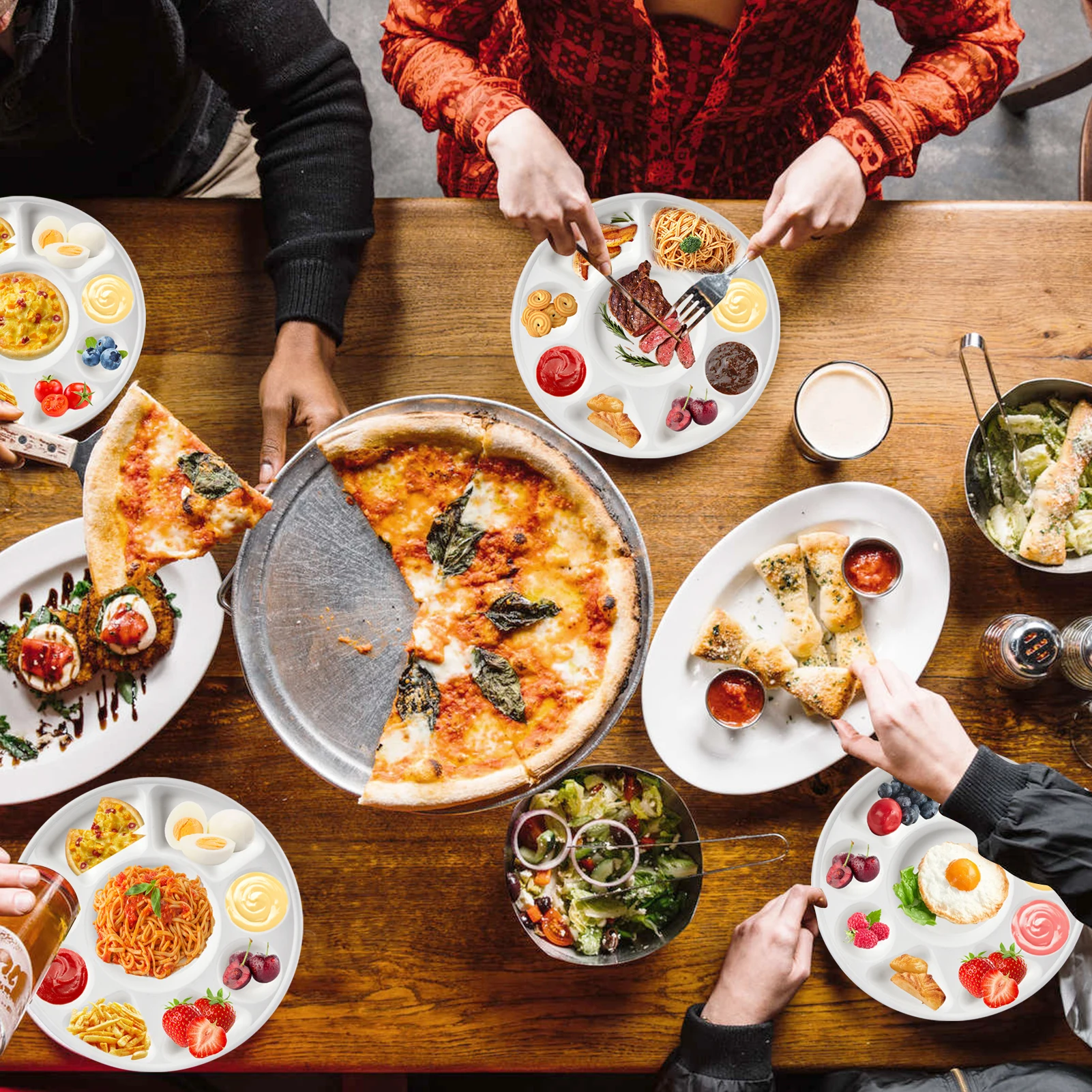 أطباق مقسمة مع 9 أطباق تقديم مستديرة مقصورة، طبق قصب السكر عالي التحمل للمناسبات والعطلات والحفلات