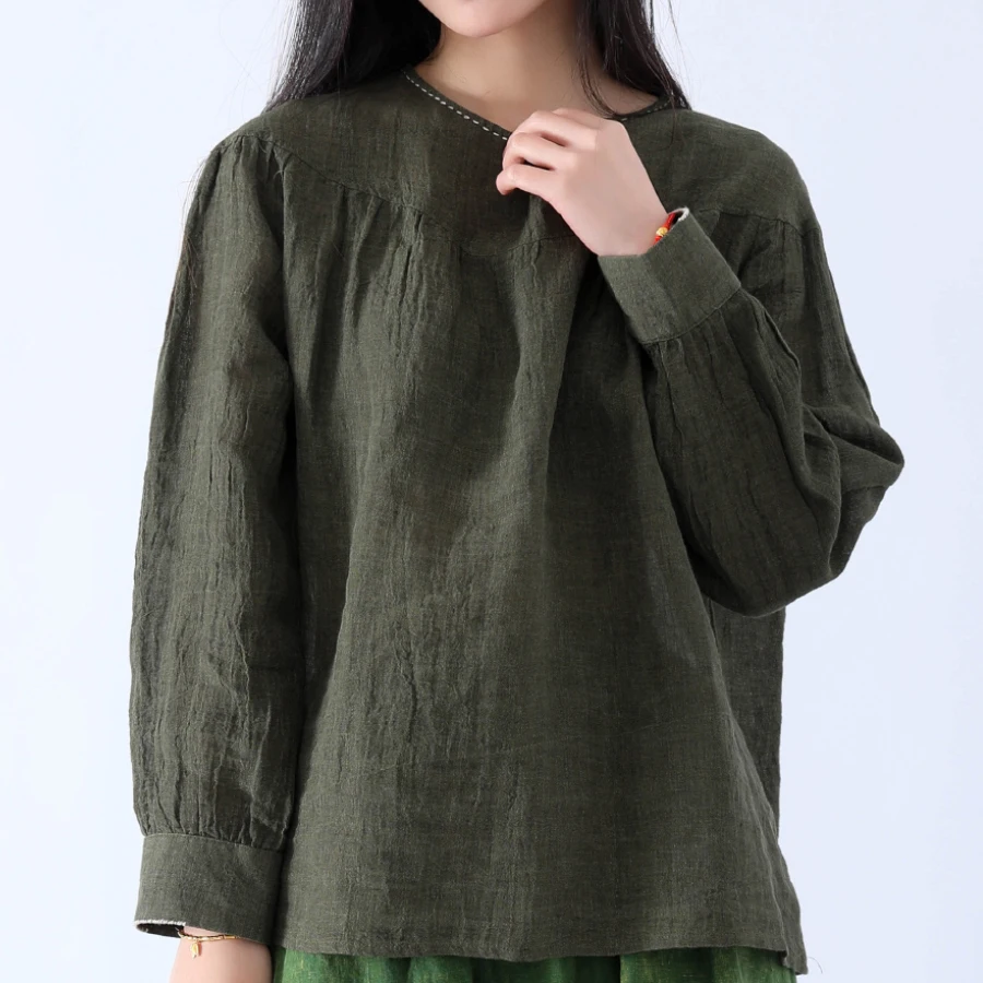 

LZJN 2025 Spring New Arrival Dark Green Linen Shirt, Literary Long Sleeve Pullover, Versatile Casual Women's Blouse
