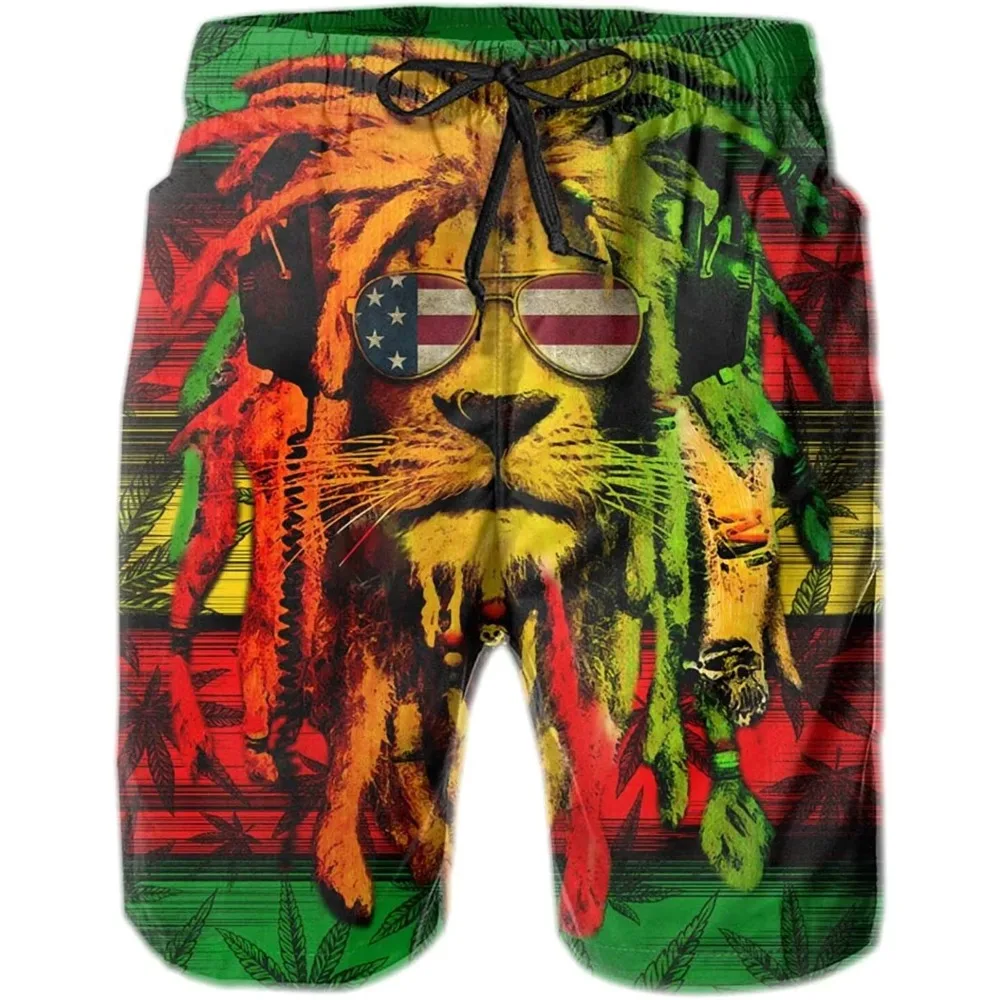 Jamaican Flag Swim Trunks for Men Lion Beach Short Board Short Swimming Trunks with Mesh Lining Men\'s Novelty Swimwear