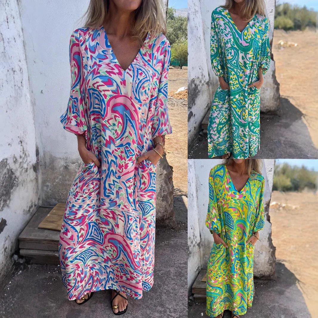 

Retro Leopard Print Loose Long Skirt Women Spring Elegant V-neck Pocket Long Skirt Autumn 3/4-sleeved Bohemian Holiday Dress