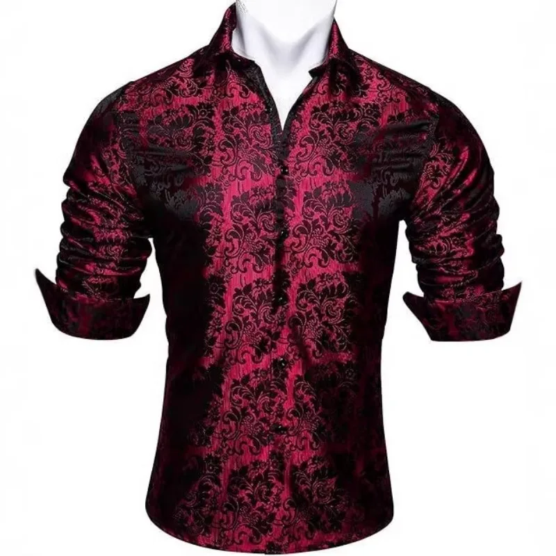 

Men's Red Black Floral Jacquard Button Down Shirt Long Sleeve Dress Shirt