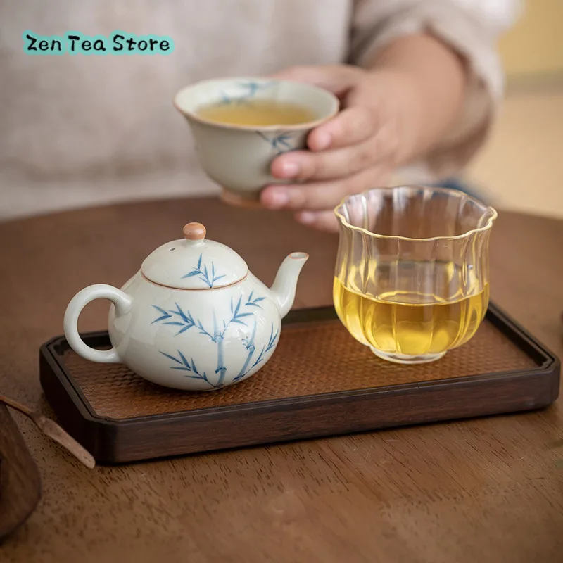 Ice Table Hand-painted Ceramic Home Tea Set Pot Dwarf Pear Pot Teapot Ice Table Under Glaze Color Green Bamboo Pot