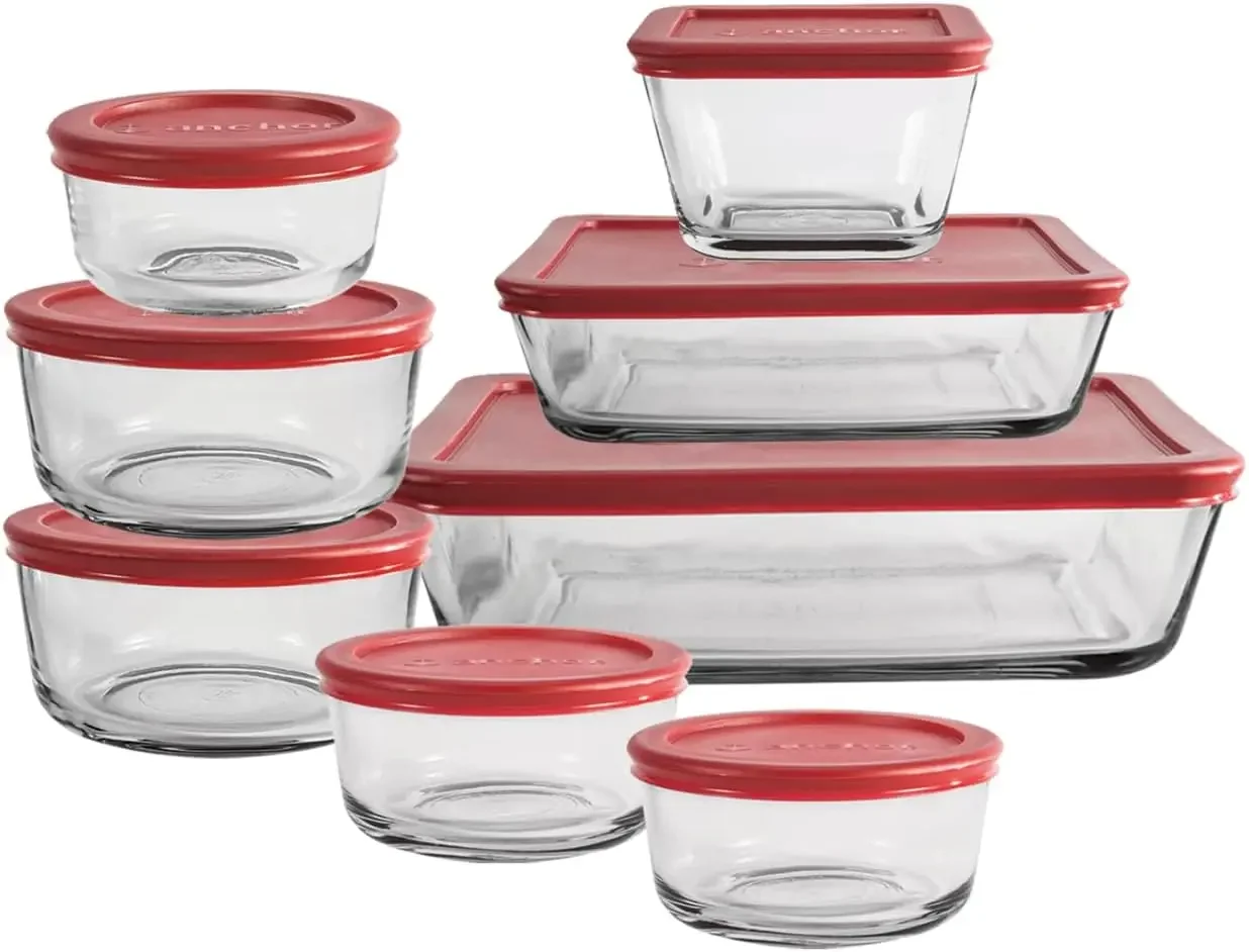 

16 Piece Glass Storage Containers with Lids (8 Glass Food Storage Containers & 8 Red SnugFit Lids)