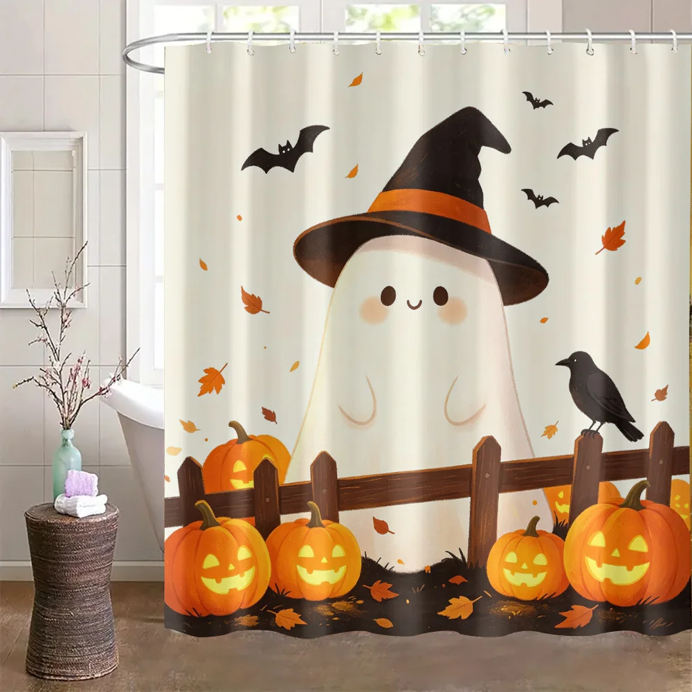 1 Printed Shower Curtain, Minimalist Background with Smiling Ghost in Hat And Pumpkins Ravens Printed Pattern, Adorable Ghost We