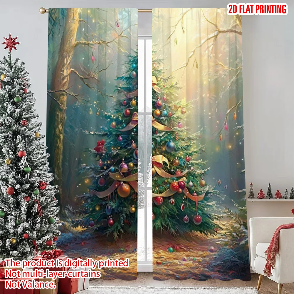 

2pcs 2D flat printing Christmas Drapes Charming Christmas tree with birds and gifts Fabric Without Electricity Spring Party &