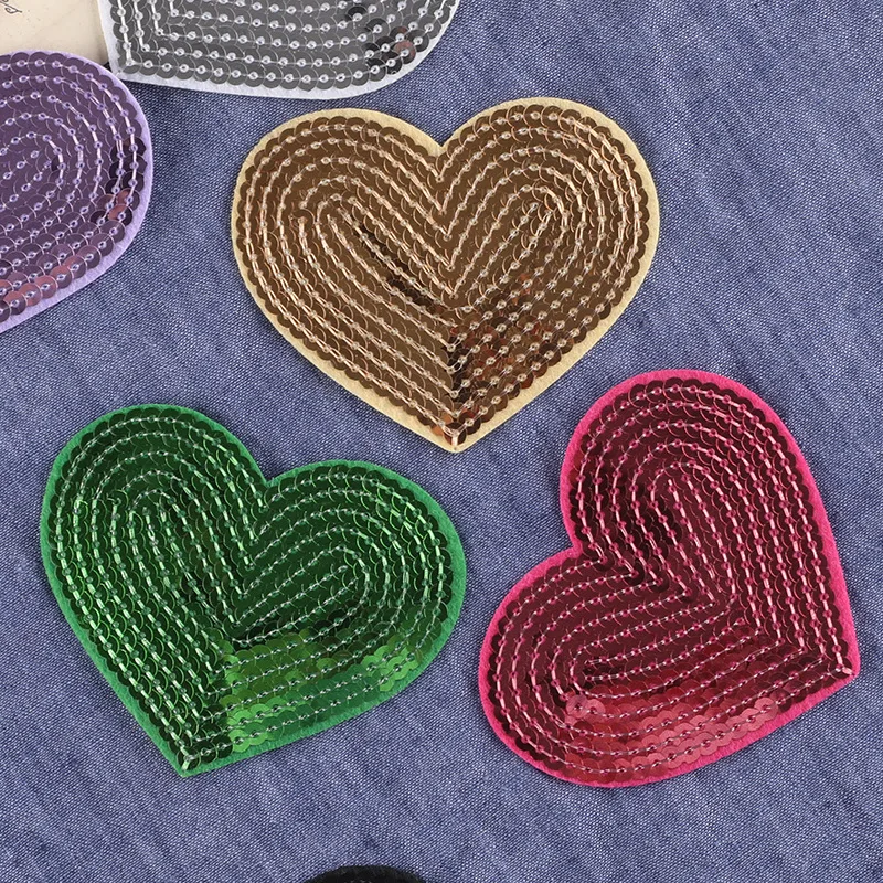 5Pcs Sequined Heart-shaped Pink Colorful Patch Glitter Stickers DIY Fabric Appliques Embroidered Iron On Coats Jeans Pants Badge