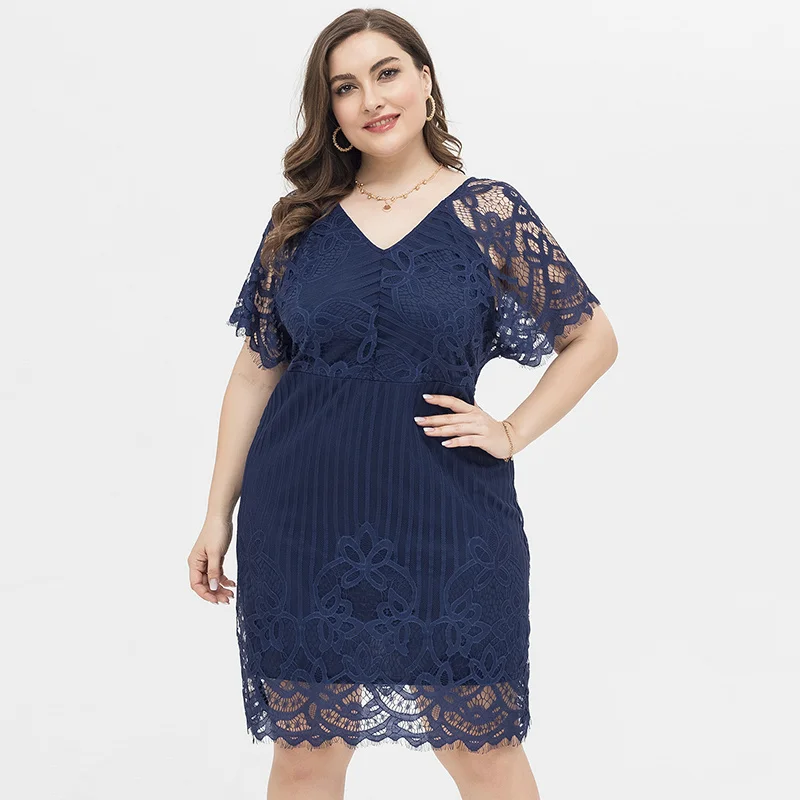 

2022 Spring New Hot Sale European And American Style Plus Size Lace Sexy Fashion V-Neck Dress For Women