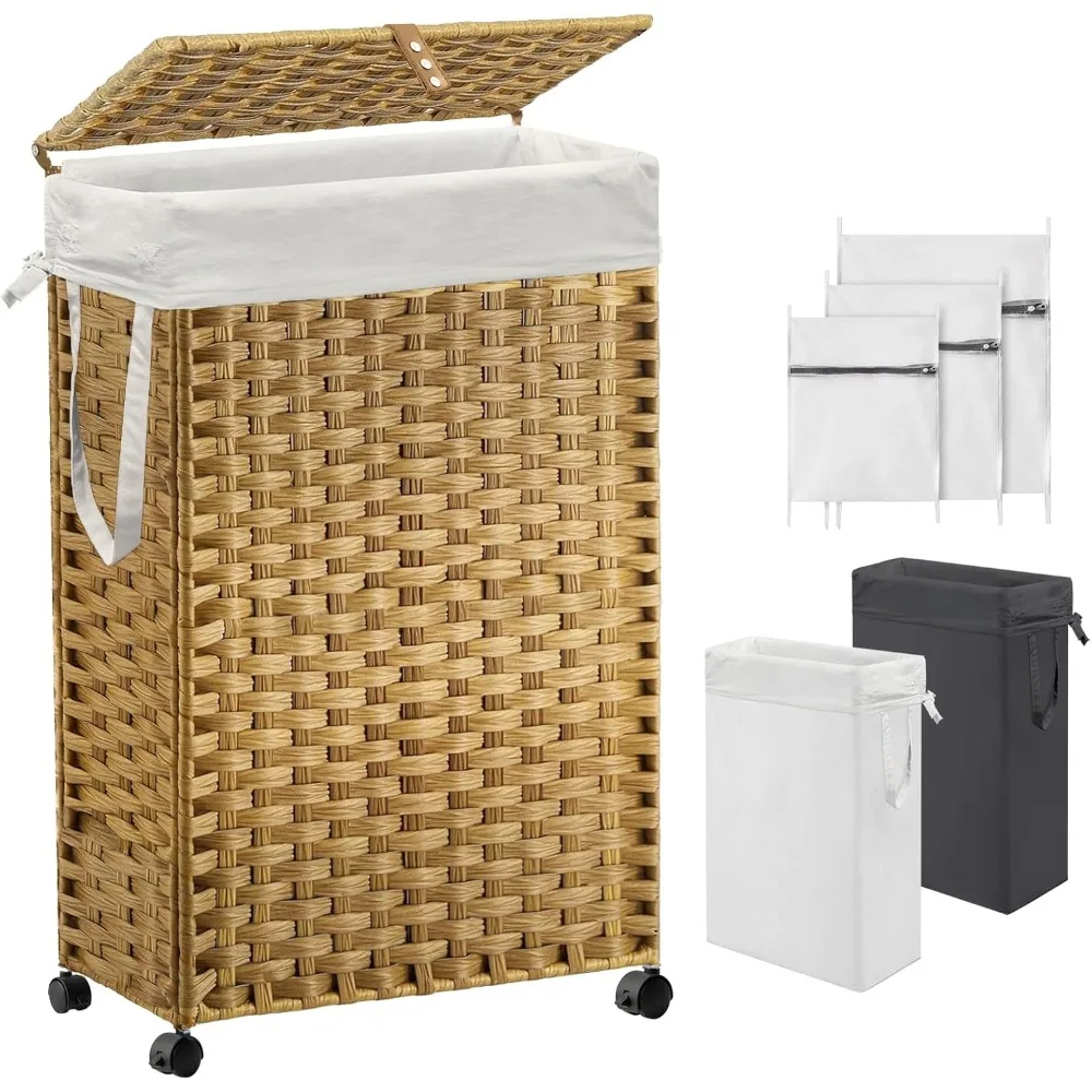 

Тонкая корзина для белья объемом 70 л с крышкой и колесами, складная корзина из ротанга со съемными сумками