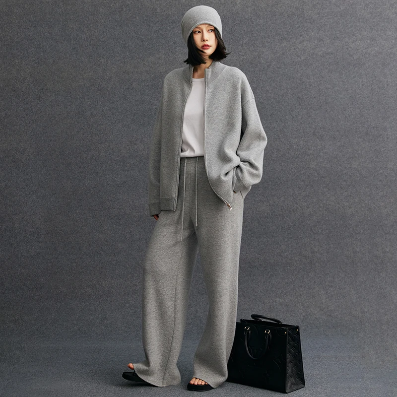Women's Matching Set 100% Cashmere Air Layer Zipper Half High Collar Cardigan Casual Knitted Straight Leg Pants Two-Piece Set