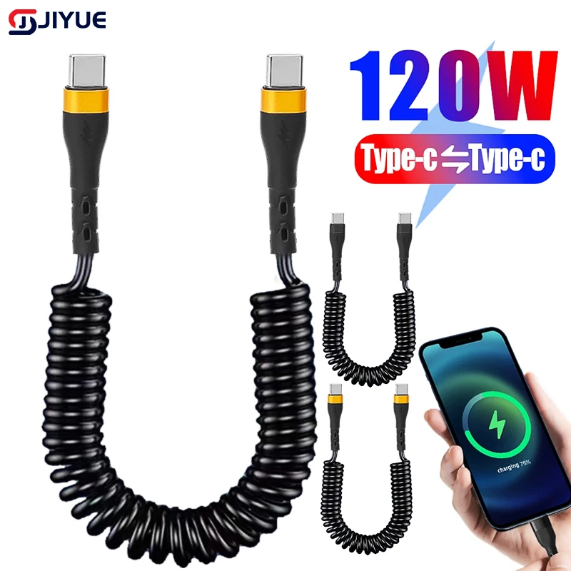 PD120W Type C To Type C Spring Cable Super Quick Charging Data Cable Wire For IPhone 15Pro Max Samsung Type-c Data Cord 1m 1.8m