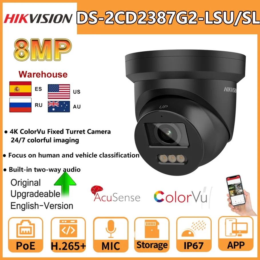 HIKVISION 8MP Turret DS-2CD2387G2-LSU/SL 4K COLOR NIGHT Camera ColorVu CCTV Cameras 24/7 Colorful Image Built-in Two-way Audio