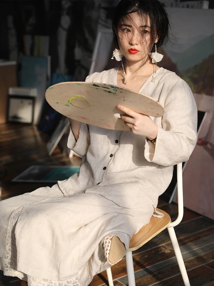 

Retro Nostaic Artistic Boyfriend Sle Pure Linen Button up irt Sage een Color Stand Collar Long Sve Women's Top