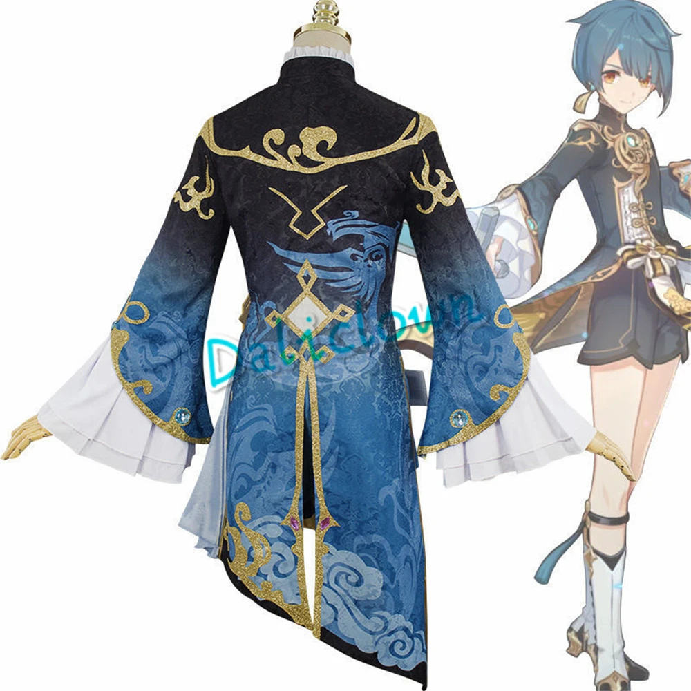 Game GenshinImpact Cosplay Costume para Mulheres, Xing Qiu, Roupa, Sapatos, Brincos, Peruca, Anime, Dia das Bruxas, Meninas