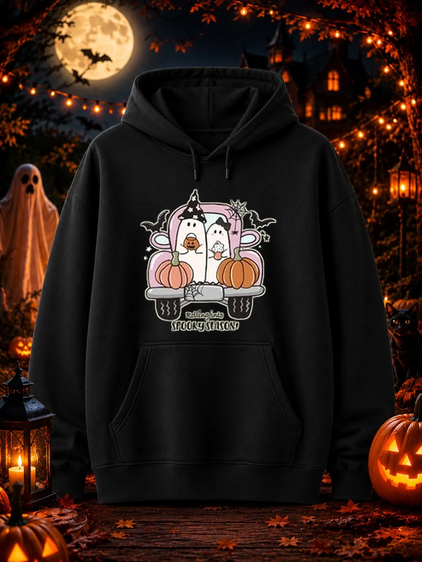 Men's Printed Hoodie: Cute Halloween-Themed Design Featuring Two Friendly Ghosts Driving a Vintage Truck and Carrying a Pumpkin Halloween Special Edition Retro Street Style Sweatshirt, Trendy Casual Autumn Outfit