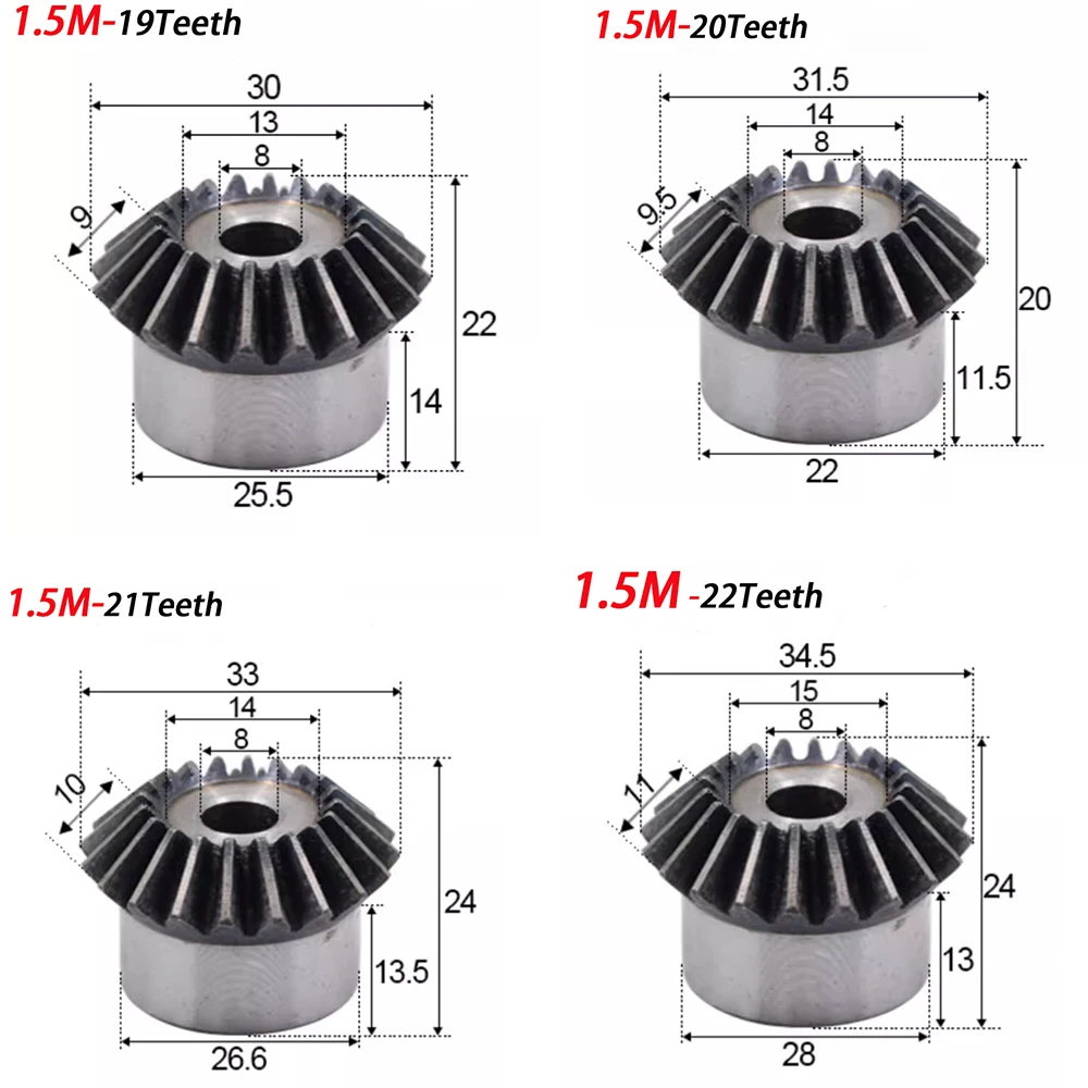 1/2/4 قطعة ترس مخروطي 1.5 معامل 15T/16/17/18 ~ 30 أسنان 45 #   فتحة عملية فولاذية 6/8/10 مم تروس 90 درجة زاوية شبكية تروس فولاذية