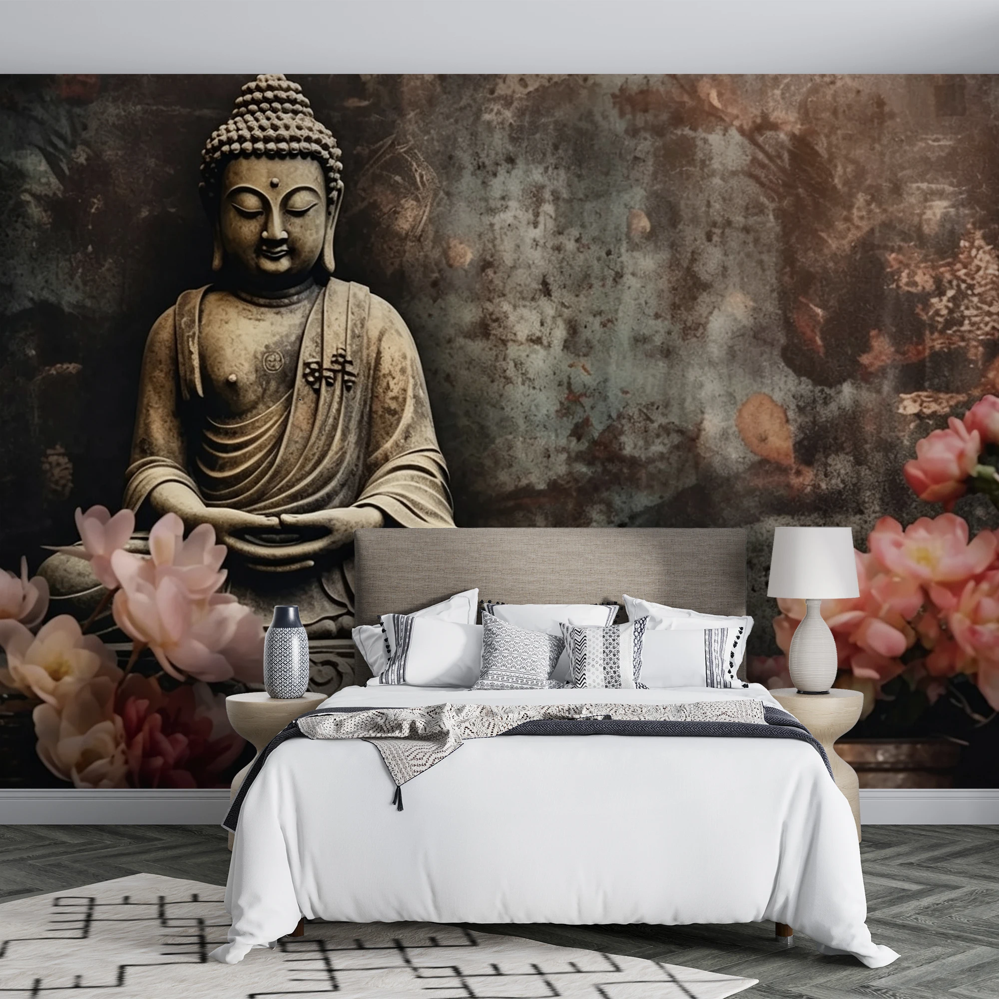 Vintage Buddha Statue Lotus Flower Mural Wallpaper, Retro Zen Stone Buddha Wall Mural Home Decor