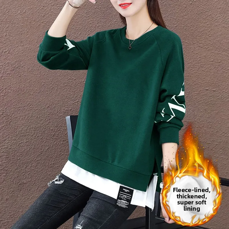 

Утепленная женская толстовка оверсайз с длинным рукавом и капюшоном, осенне-зимняя, новая, повседневная, свободного кроя, с круглым вырезом