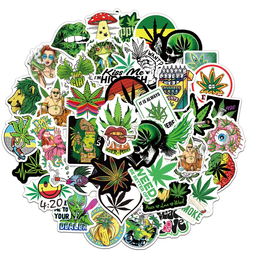 10/30/50/100PCS Funny Hemp Leaf Stickers Weed Smoking Cartoon Graffiti Waterproof Suitcase Luggage Guitar Skateboard Decals Toy