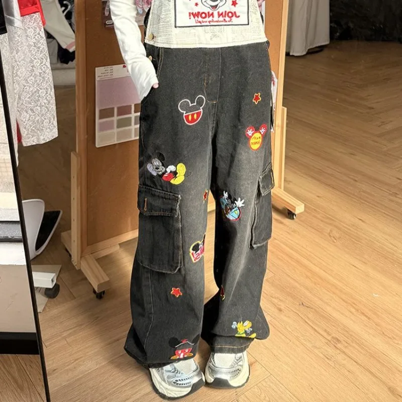 

Spring American Style Plus Size Women's Overalls Playful Cartoon Mickey Embroidery Spicy Girl Designer Floor-Length Denim Pants
