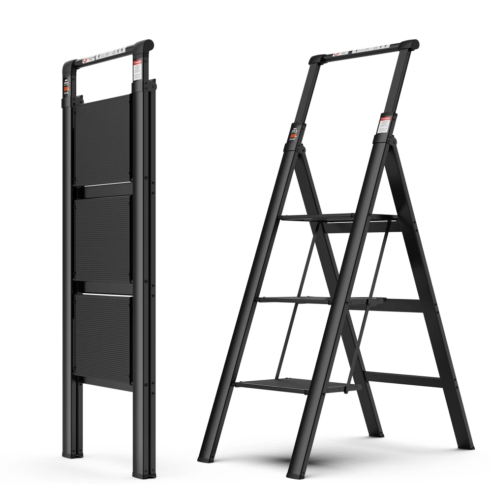 3 Step Ladder, Retractable Handgrip Folding Step Stool with Anti-Slip Wide Pedal, Aluminum Stool Ladders 3 Steps, 300lbs Safety