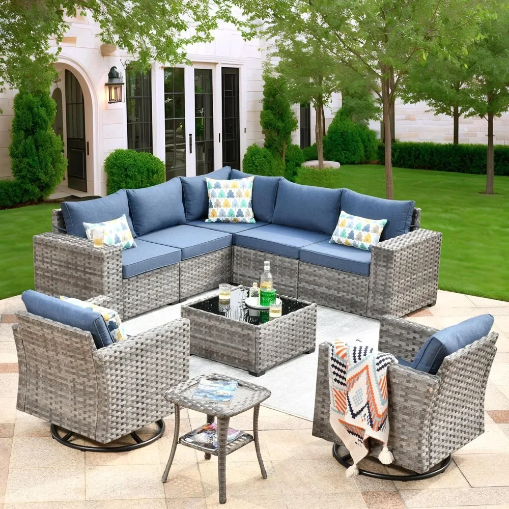 Outdoor Sectional Sofa 9 Pieces, Sofa with Swivel Rocking Chairs, Wide Arms and Deep Seat, Wicker Rattan Patio Furniture Set