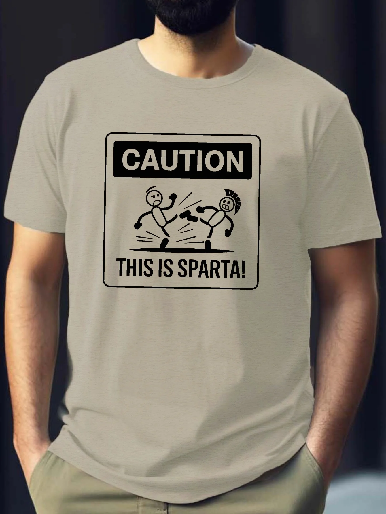 

Funny This Is Sparta Meme - Caution Sign Graphic -100% cotton O-neck summer short-sleeved casual men's printed T-shirt.