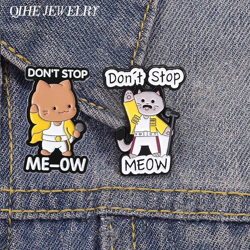 Don't Stop Meow Emaille Pins Cartoon Rock n Roll Musik Katze Sänger Broschen Jacke Revers Abzeichen Tier Schmuck Geschenk für Freunde