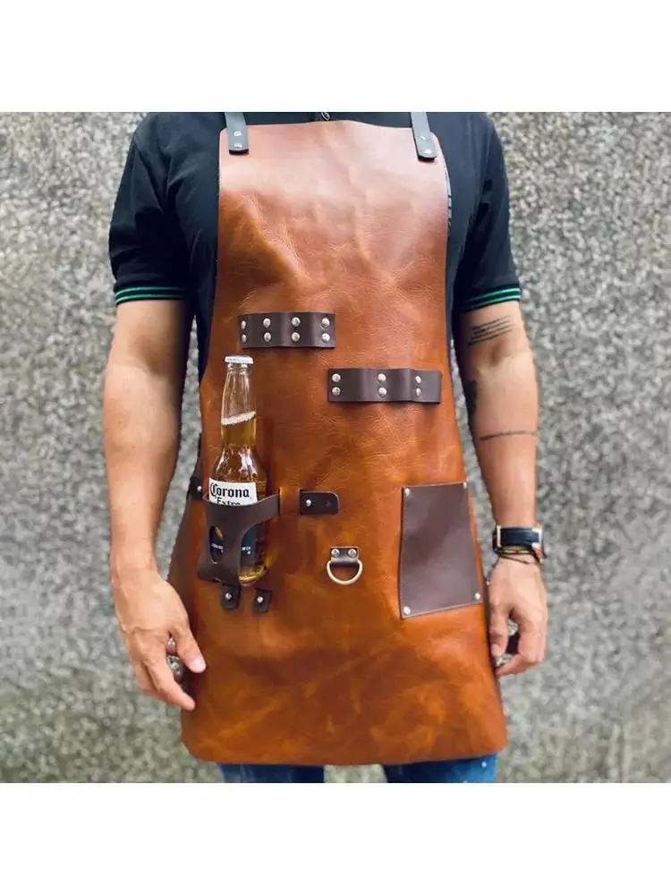 

Outdoor Barbecue PU Leather Apron Multi-Functional Oil-Resistant Work Apron Bottle Cover American Country Style Beer Cover
