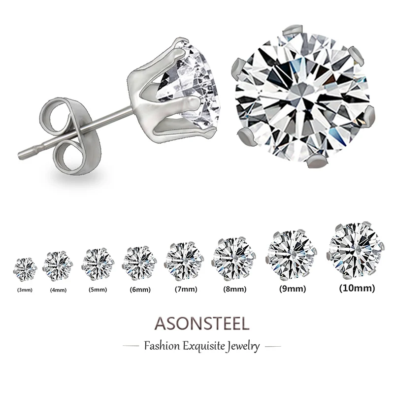 ASONSTEEL 10Pairs/Lot 3mm-10mm Round Zirconia Stud Earrings Stainless Steel Shiny Crystal Earring For Women Wholesale Jewelry