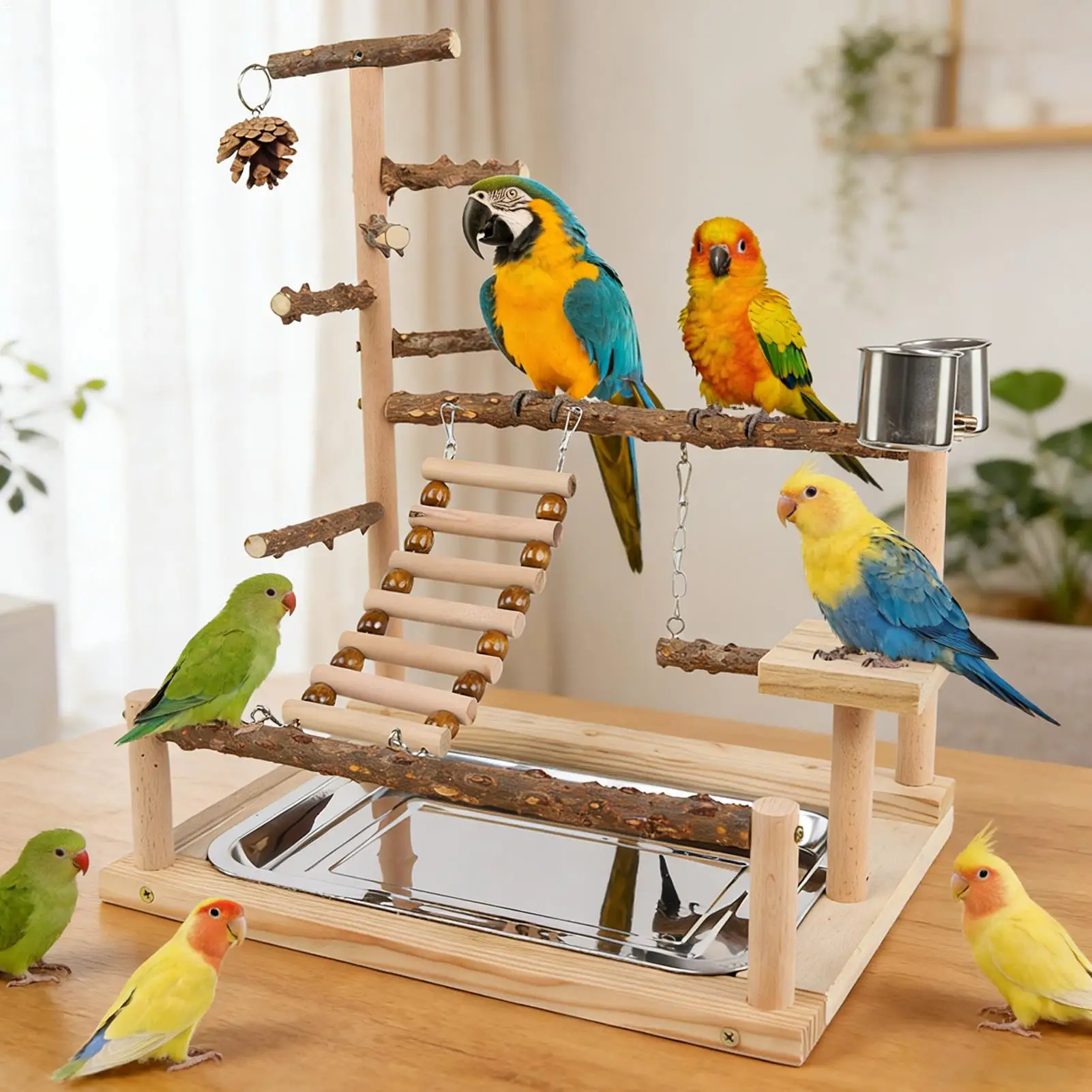 

Cockatiel Playground Wooden Playstand Bird Swing With Stainless Steel Cup And Tray For Cockatiel Conure Finch Lovebird Exercise