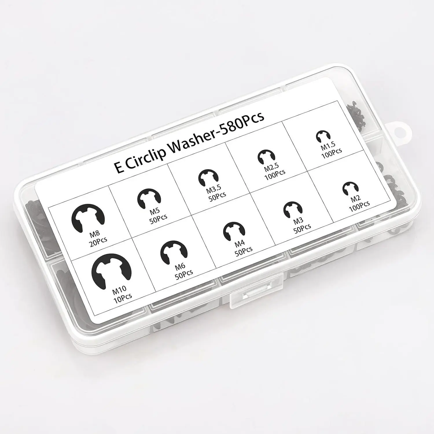 

Набор E-образных стопорных колец из черной марганцевой стали 65, 580 шт., 10 размеров M1.5-M10, комбинированный комплект, черные кольцевые зажимы из углеродистой стали