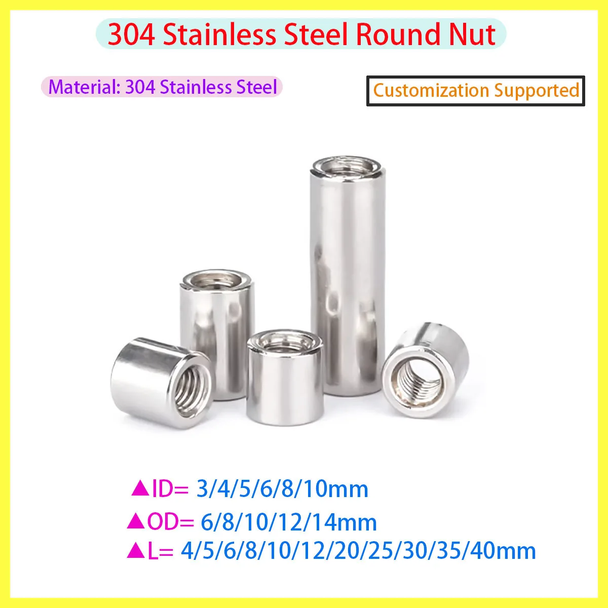 

304 Stainless Steel Round Long Coupling Nuts Cylindrical Nuts Threaded Rod Connector Studs M3-M10 for Industrial Fastening