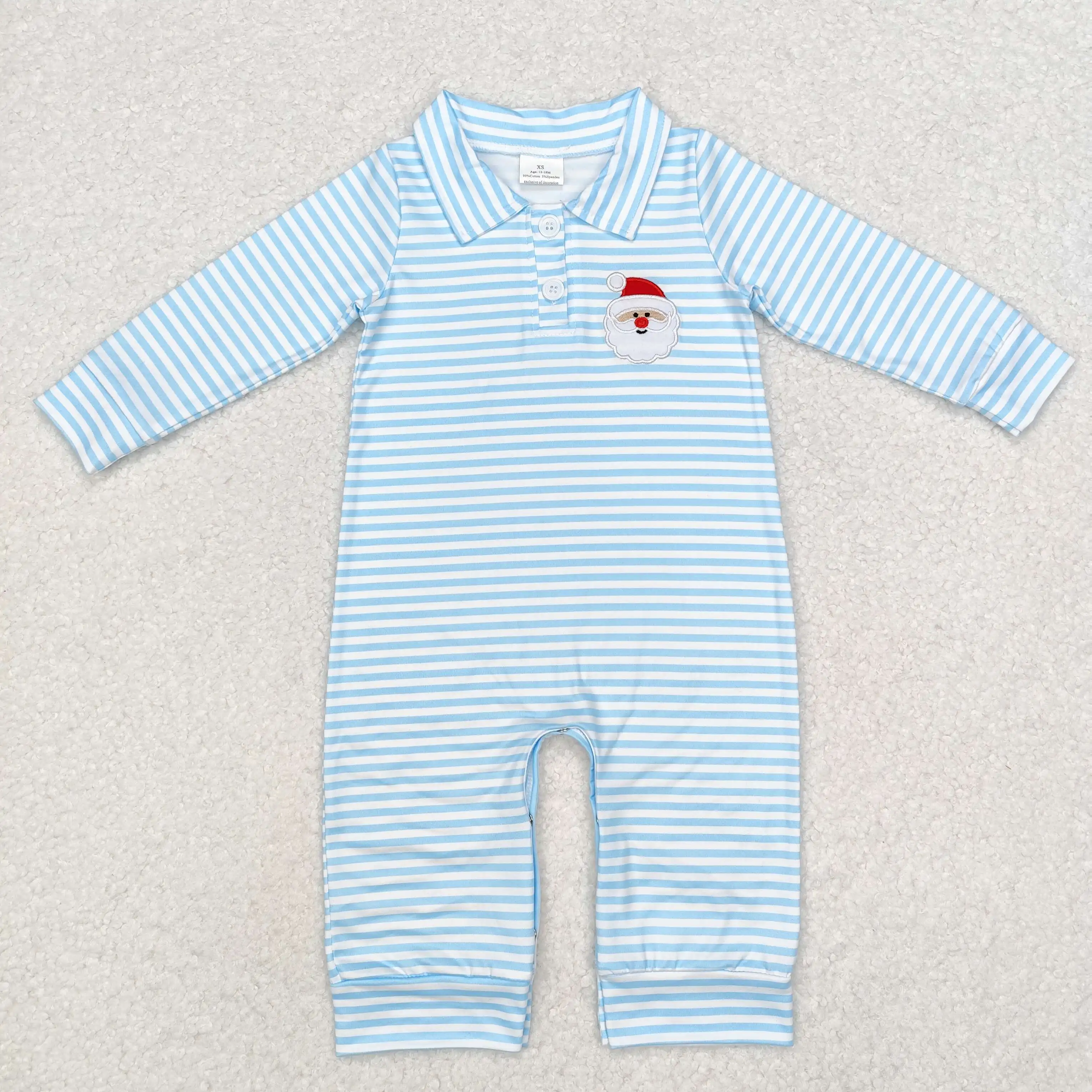 LR1475 Good Quality Baby Boys Clothes Long Sleeves Embroidery Santa Claus Blue Stripes Print With Jumpsuit Children Clothes Rts