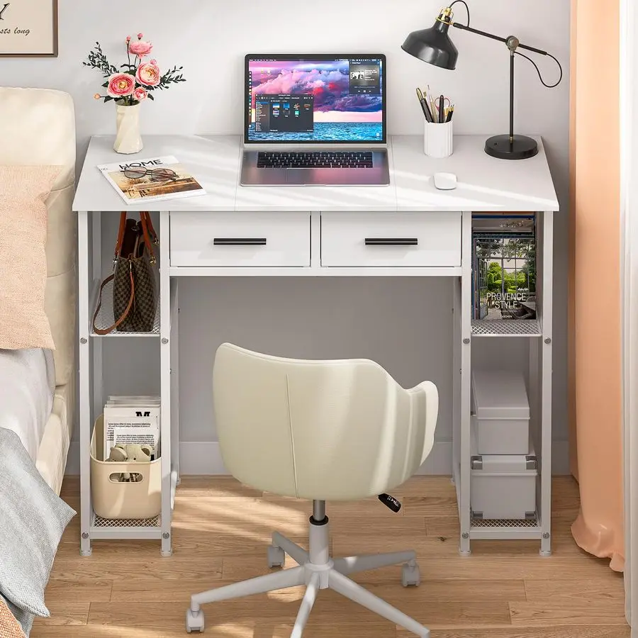 

White Computer Desk with Drawers, 37.3 Inch Home Office Work Desk with Storage Shelf, Kids Teens Study Table for Small Space, S