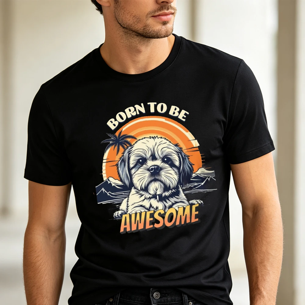 Adorable Fluffy Puppy Dog and Retro Sunset Mountain Landscape T Shirt Men Fashion Funny Animal Pet Lover Clothes